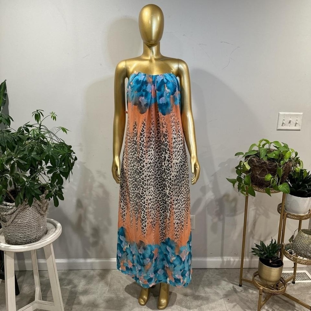 Vintage 90s strapless animal print maxi dress sundress with shelf bra‎ MEDIUM